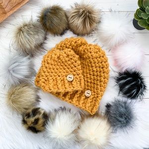 Adult, Mens Ladies Mustard crochet hat, faux fur Pompom, mommy and me, toque